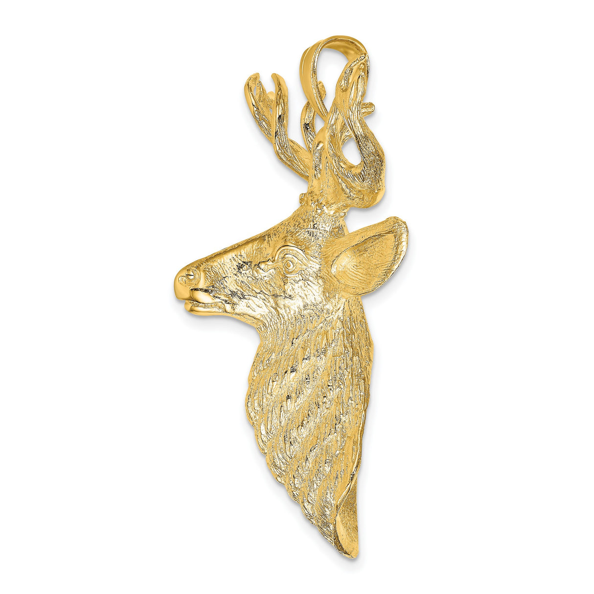 14k Yellow Gold Deer Head Pendant with Textured Antlers, Wildlife Theme for Men