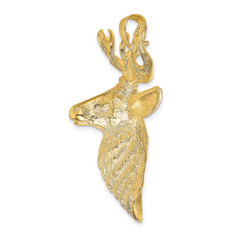 14k Yellow Gold Deer Head Pendant with Textured Antlers, Wildlife Theme for Men