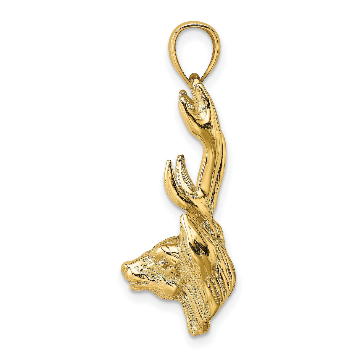 14k Yellow Gold Deer Head Pendant with Detailed Antlers, Hunting Wildlife Charm for Men
