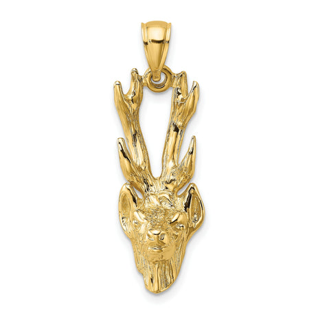 14k Yellow Gold Deer Head Pendant with Detailed Antlers, Hunting Wildlife Charm for Men