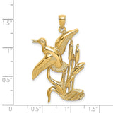 14k Yellow Gold Pendant with Heron in Flight and Cattails, Nature Inspired Bird Jewelry