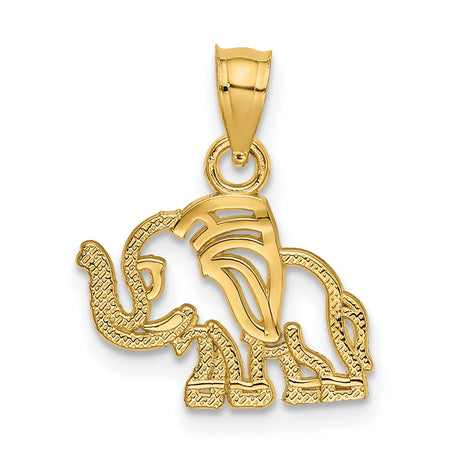 14k Yellow Gold Elephant Pendant with Textured Cutout Design, Symbolic Animal Charm Jewelry