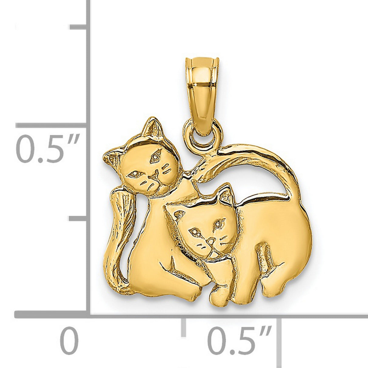 3-D Polished Two Kittens Charm Pendant in Real 14k Yellow Gold