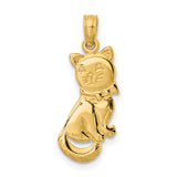 3-D Polished and Bow Sitting Cat Charm Pendant in Real 14k Yellow Gold