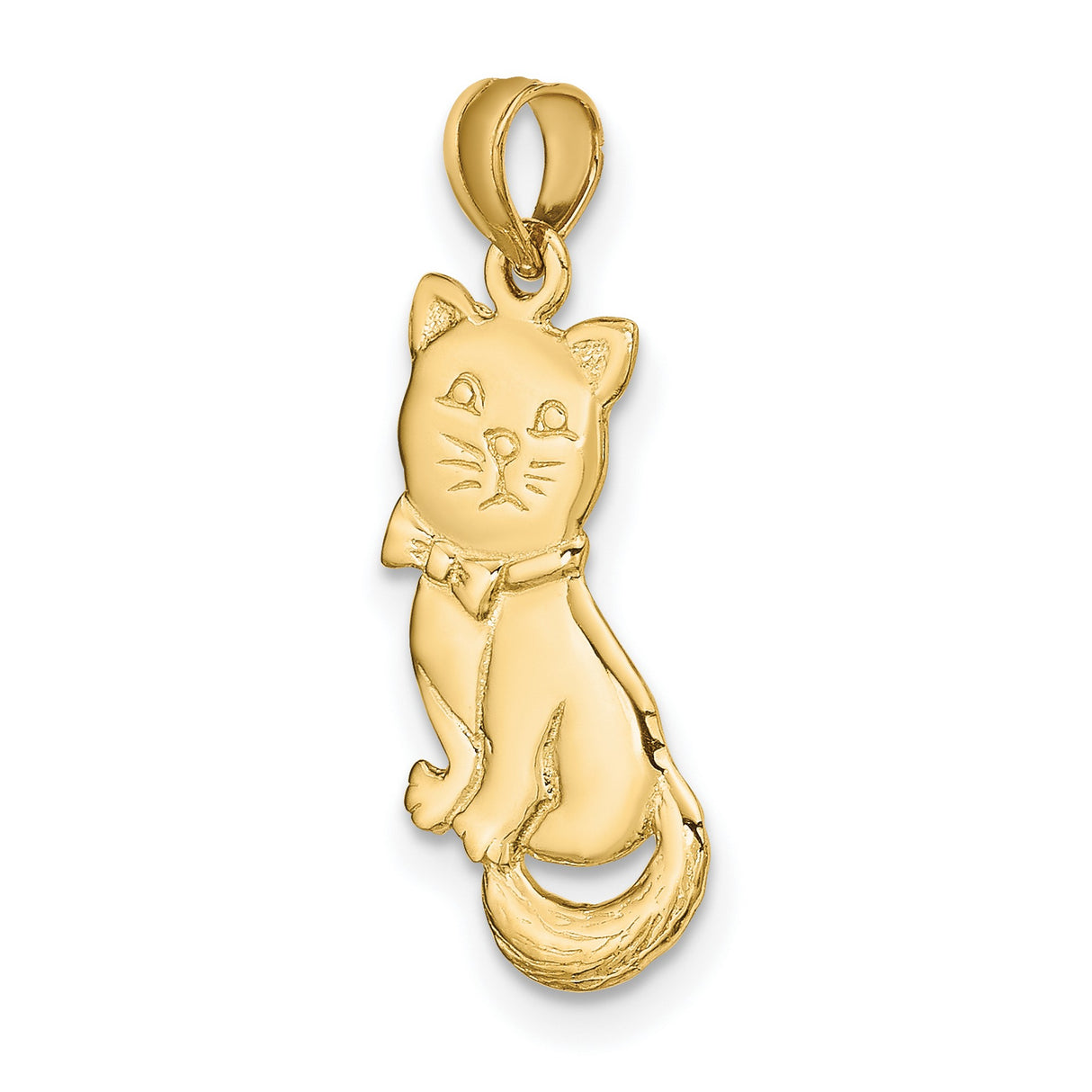 3-D Polished and Bow Sitting Cat Charm Pendant in Real 14k Yellow Gold