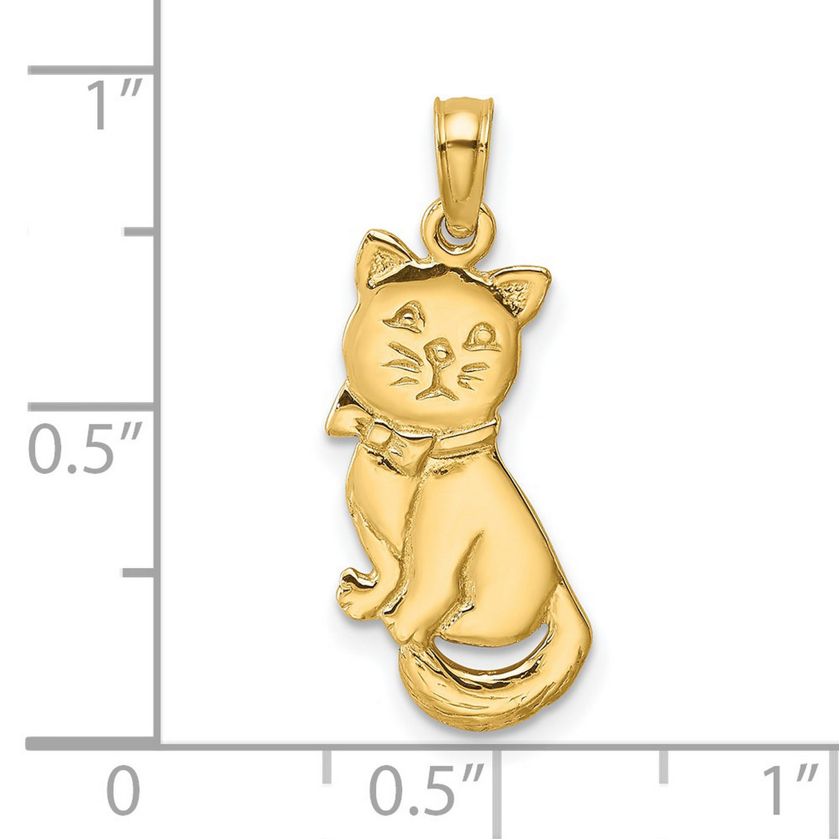 3-D Polished and Bow Sitting Cat Charm Pendant in Real 14k Yellow Gold