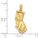 3-D Polished and Bow Sitting Cat Charm Pendant in Real 14k Yellow Gold