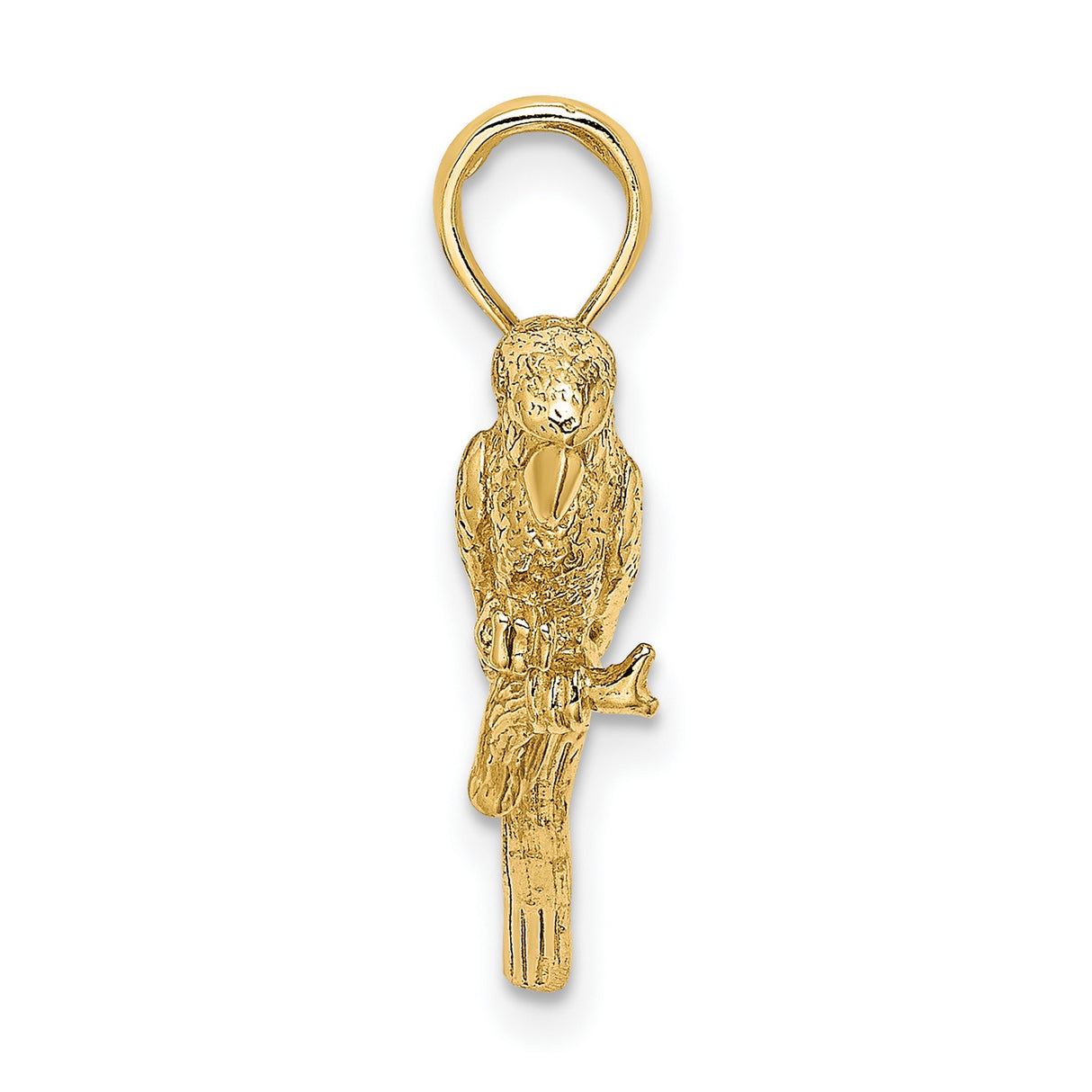 14k Yellow Gold Parrot Pendant with Feather Engraving, Unisex Tropical Bird Charm