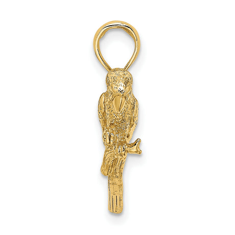 14k Yellow Gold Parrot Pendant with Feather Engraving, Unisex Tropical Bird Charm