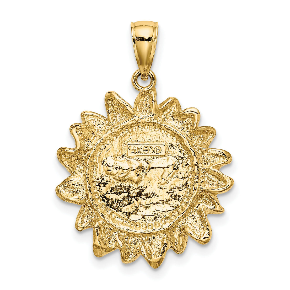 14k Yellow Gold Sun Face Pendant with Detailed Rays, Boho Celestial Medallion