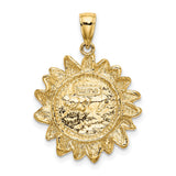 14k Yellow Gold Sun Face Pendant with Detailed Rays, Boho Celestial Medallion