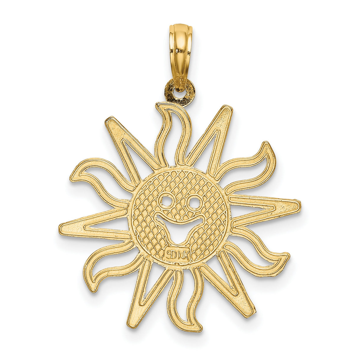14k Yellow Gold Smiling Sun Face Pendant with Cutout Rays, Celestial Sunshine Charm