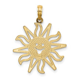 14k Yellow Gold Smiling Sun Face Pendant with Cutout Rays, Celestial Sunshine Charm