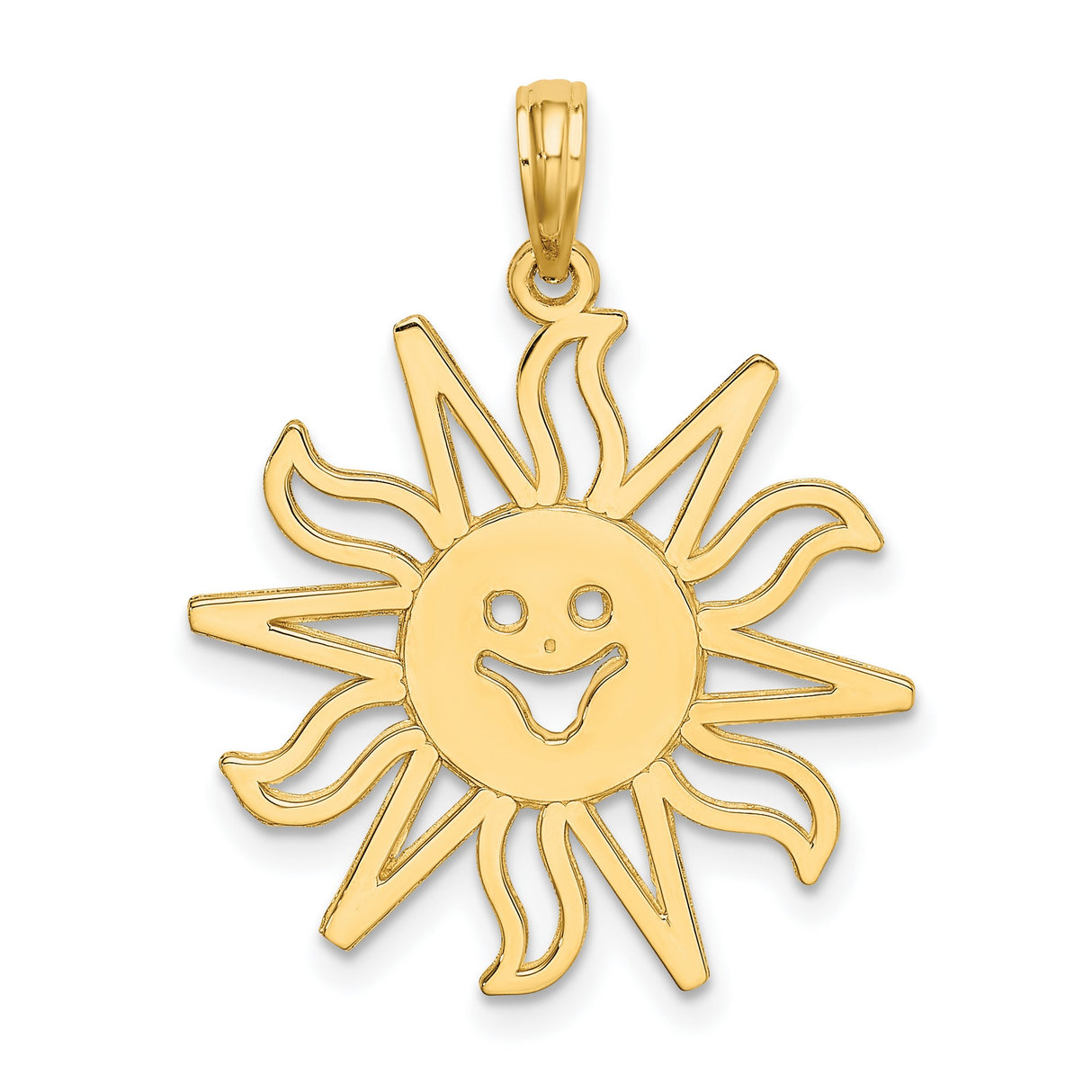 14k Yellow Gold Smiling Sun Face Pendant with Cutout Rays, Celestial Sunshine Charm