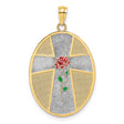 Oval With Cross Red Rose And Serenity Prayer Back Charm Pendant in Real 14k Multi-Tone Gold