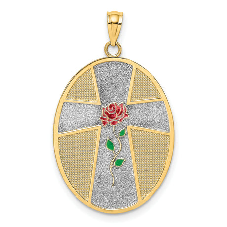 14k Multi-Tone Gold Oval Pendant with Christian Cross, Red Enameled Rose and Rhodium Accents