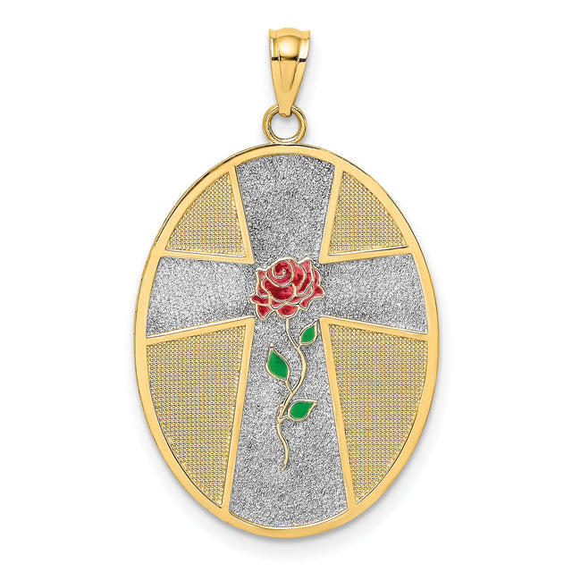 Oval With Cross Red Rose And Serenity Prayer Back Charm Pendant in Real 14k Multi-Tone Gold