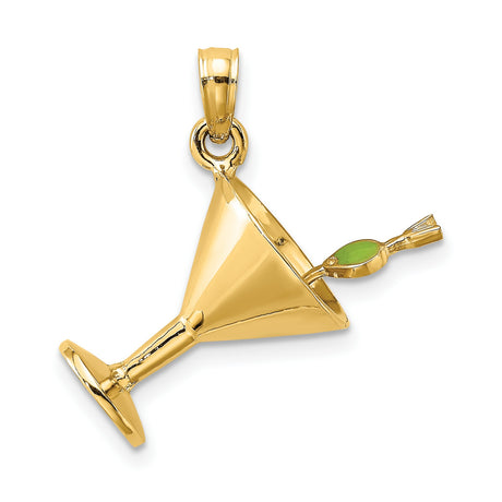 14k Yellow Gold Martini Glass Pendant with Olive Detail, Cocktail Theme Charm