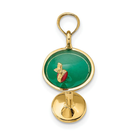 14k Yellow Gold Martini Glass Charm Pendant with Green Enamel and Red Olive Accent
