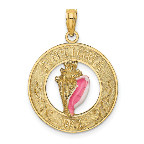 14k Yellow Gold Conch Shell Pendant with ANTIGUA WI Engraving, Tropical Island Charm