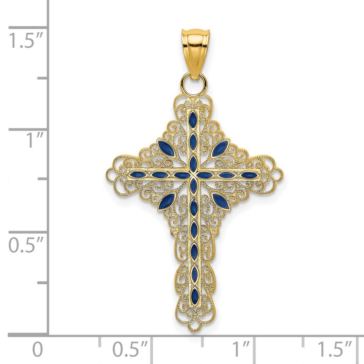 14k Yellow Gold Cross Pendant with Sapphire Accents, Enamel Detail, Vintage Religious Style