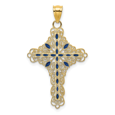 14k Yellow Gold Cross Pendant with Sapphire Accents, Enamel Detail, Vintage Religious Style