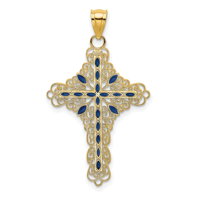14k Yellow Gold Cross Pendant with Sapphire Accents, Enamel Detail, Vintage Religious Style