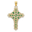 Green Enamel Filigree Cross Charm Pendant in Real 14k Yellow Gold