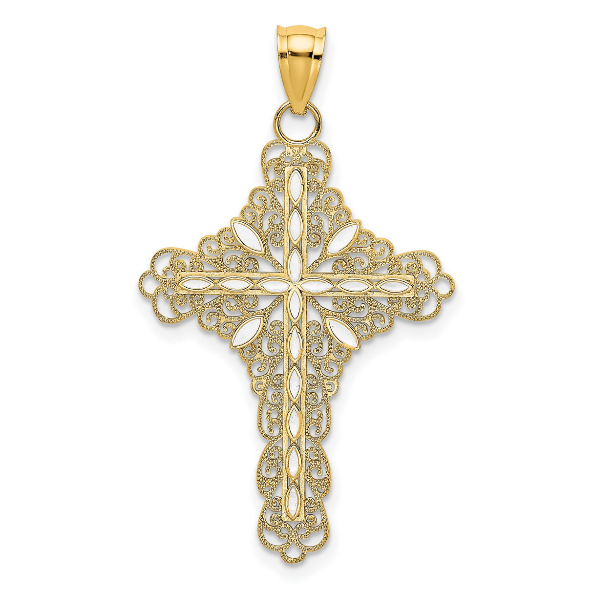 White Enamel Filigree Cross Charm Pendant in Real 14k Yellow Gold