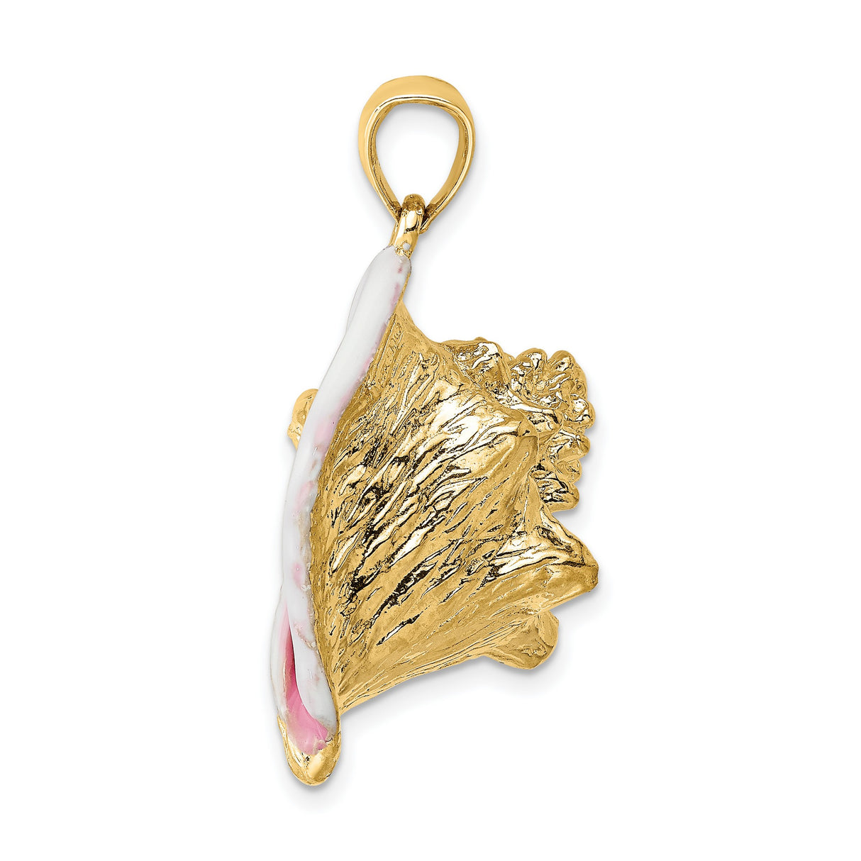 14k Yellow Gold Conch Shell Pendant with Pink and White Enamel, Nautical Beach Style Charm