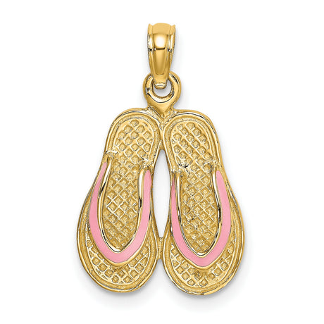 14k Yellow Gold Flip Flop Pendant with Pink Enamel Straps, Tropical Beach Charm