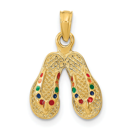 14k Yellow Gold Flip Flop Pendant with Colorful Enamel Accents, Tropical Beach Charm Jewelry