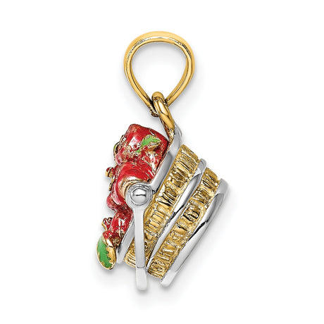 14k Multi-Tone Gold Rose Pendant with Red Enamel Bouquet and Green Leaf Floral Charm