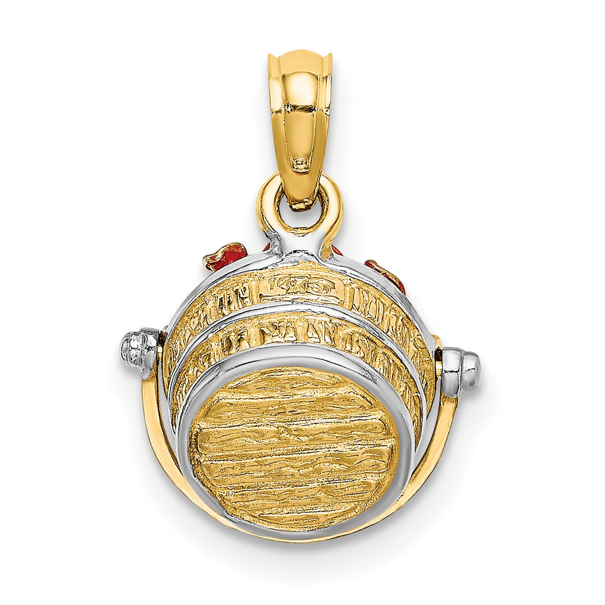 14k Multi-Tone Gold Rose Pendant with Red Enamel Bouquet and Green Leaf Floral Charm
