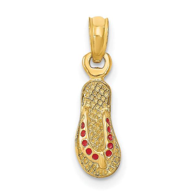 14k Yellow Gold Flip Flop Sandal Pendant with Red Enamel Accents, Beach Vacation Theme Charm