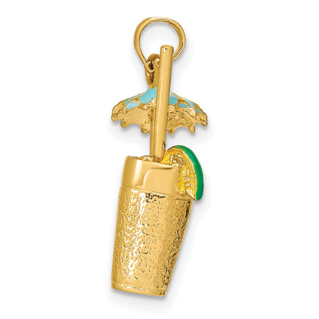14k Yellow Gold Tropical Drink Pendant with Blue Enamel Umbrella and Lime Slice