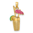 14k Yellow Gold Tropical Cocktail Pendant with Pink Enamel Umbrella and Straw Details