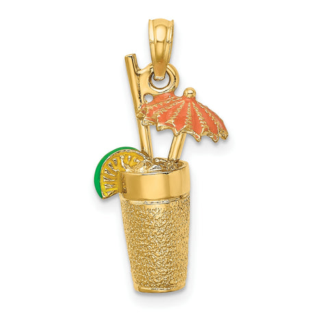 14k Yellow Gold Cocktail Pendant with Enamel Umbrella, Lime Slice, and Straw