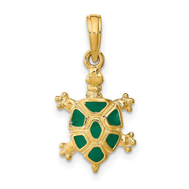 14k Yellow Gold Turtle Pendant with Green Enamel Shell, Ocean-Inspired Charm
