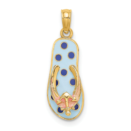 14k Yellow Gold Flip-Flop Pendant with Blue Polka Dot Enamel and Pink Flower Detail