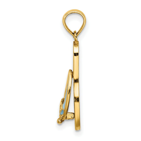14k Yellow Gold Flip-Flop Pendant with Green and Yellow Enamel, Anchor Detail, Nautical Theme
