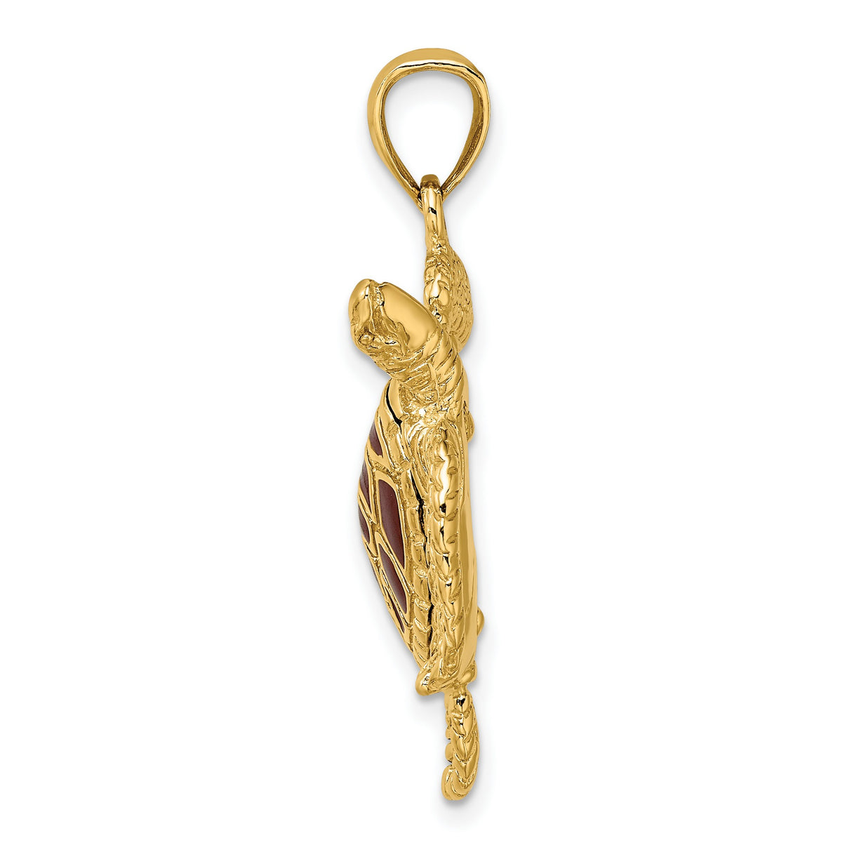 14k Yellow Gold Sea Turtle Pendant with Brown Enamel Shell and Textured Fins