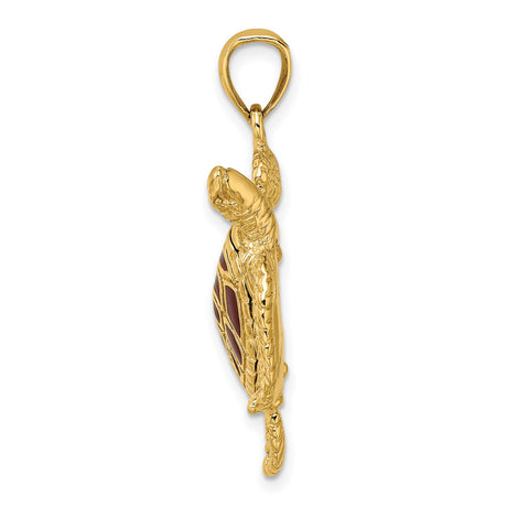 14k Yellow Gold Sea Turtle Pendant with Brown Enamel Shell and Textured Fins
