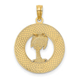 14k Yellow Gold Palm Tree Pendant with Green Enamel, Textured Circle Frame, Tropical Charm