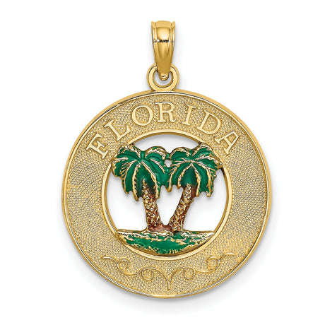 14k Yellow Gold Florida Pendant with Enameled Palm Trees, Tropical Island Charm