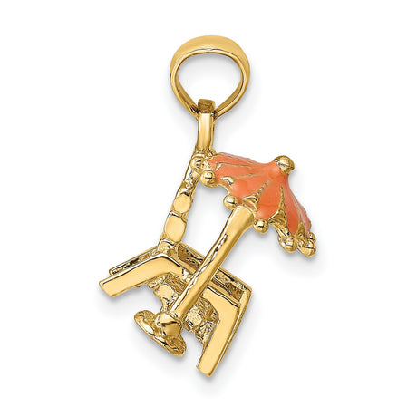 14k Yellow Gold Pendant, Beach Chair and Umbrella with Orange Enamel, Tropical Vacation Theme