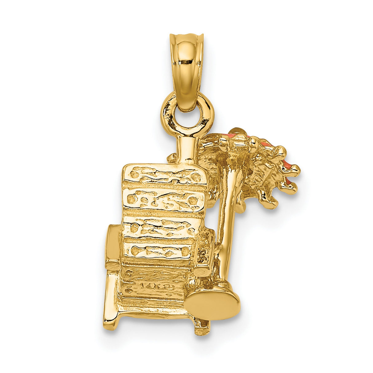 14k Yellow Gold Pendant, Beach Chair and Umbrella with Orange Enamel, Tropical Vacation Theme