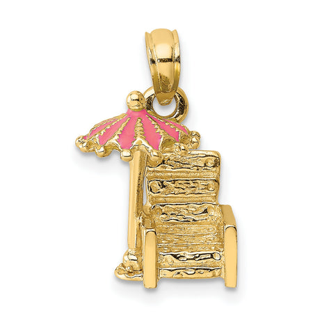 14k Yellow Gold Beach Chair and Umbrella Pendant with Pink Enamel, Coastal Vacation Charm