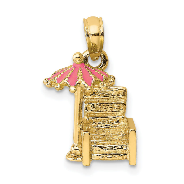 14k Yellow Gold Beach Chair and Umbrella Pendant with Pink Enamel, Coastal Vacation Charm