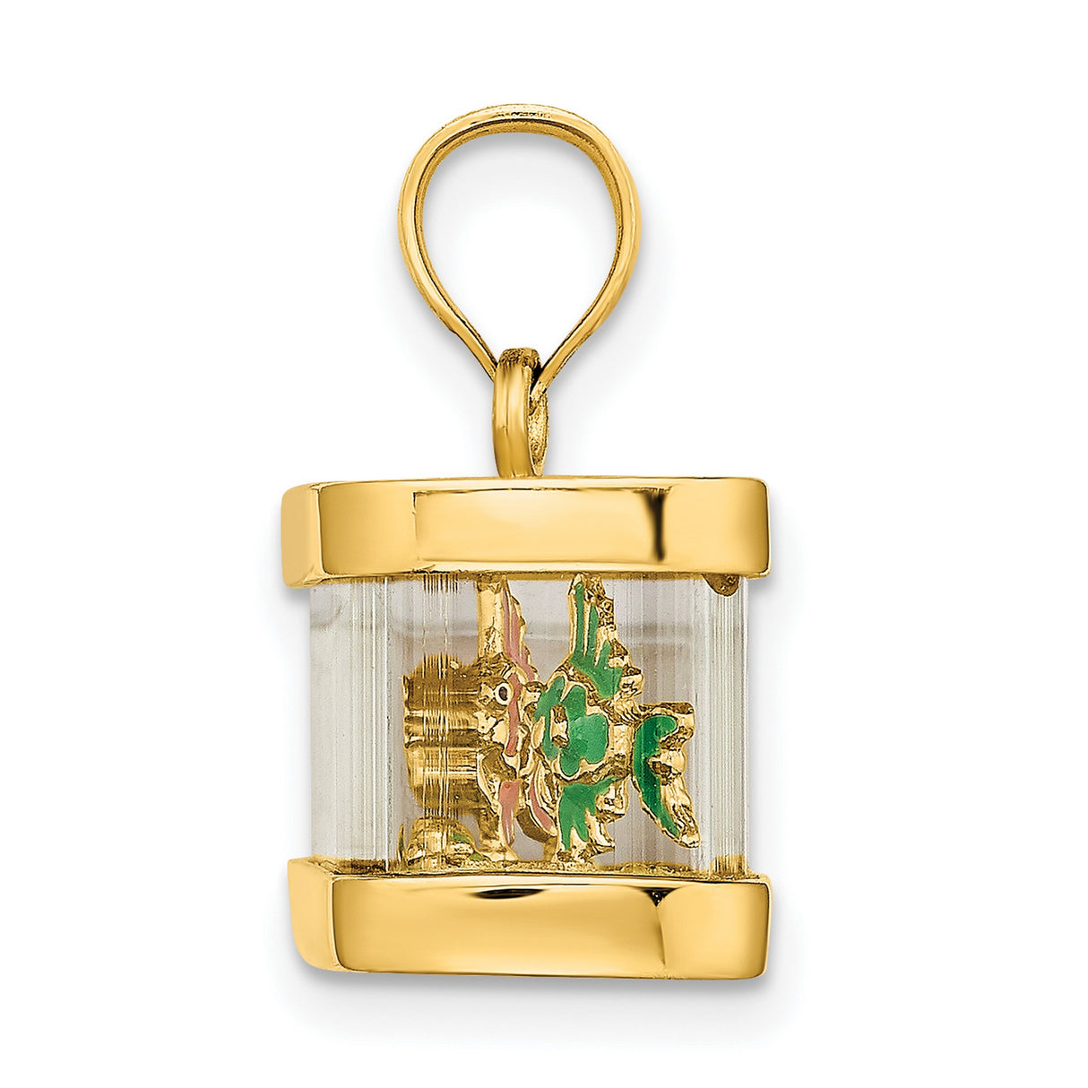 14k Yellow Gold Koi Fish Pendant with Clear Rectangular Frame, Asian Symbol of Prosperity